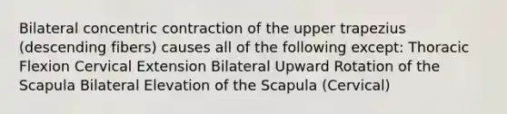 Bilateral concentric contraction of the upper trapezius (descending fibers) causes all of the following except: Thoracic Flexion Cervical Extension Bilateral Upward Rotation of the Scapula Bilateral Elevation of the Scapula (Cervical)