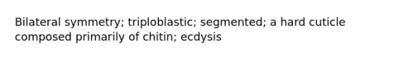 Bilateral symmetry; triploblastic; segmented; a hard cuticle composed primarily of chitin; ecdysis