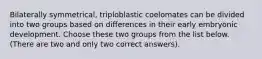 Bilaterally symmetrical, triploblastic coelomates can be divided into two groups based on differences in their early embryonic development. Choose these two groups from the list below. (There are two and only two correct answers).