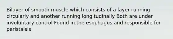 Bilayer of smooth muscle which consists of a layer running circularly and another running longitudinally Both are under involuntary control Found in the esophagus and responsible for peristalsis