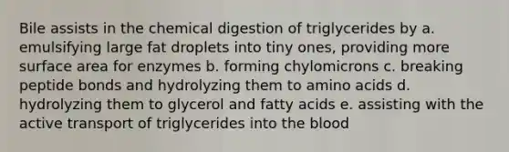 Bile assists in the chemical digestion of triglycerides by a. emulsifying large fat droplets into tiny ones, providing more surface area for enzymes b. forming chylomicrons c. breaking peptide bonds and hydrolyzing them to amino acids d. hydrolyzing them to glycerol and fatty acids e. assisting with the active transport of triglycerides into the blood