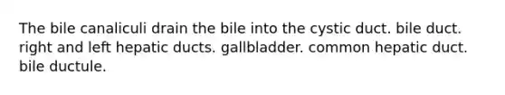 The bile canaliculi drain the bile into the cystic duct. bile duct. right and left hepatic ducts. gallbladder. common hepatic duct. bile ductule.