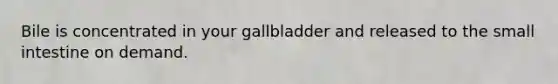 Bile is concentrated in your gallbladder and released to the small intestine on demand.