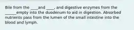 Bile from the ____and ____, and digestive enzymes from the ______empty into the duodenum to aid in digestion. Absorbed nutrients pass from the lumen of the small intestine into the blood and lymph.