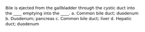 Bile is ejected from the gallbladder through the cystic duct into the ____ emptying into the ____. a. Common bile duct; duodenum b. Duodenum; pancreas c. Common bile duct; liver d. Hepatic duct; duodenum