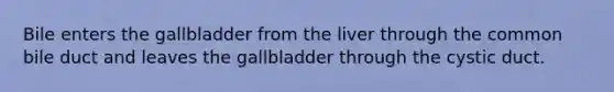 Bile enters the gallbladder from the liver through the common bile duct and leaves the gallbladder through the cystic duct.