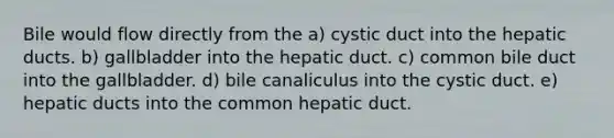 Bile would flow directly from the a) cystic duct into the hepatic ducts. b) gallbladder into the hepatic duct. c) common bile duct into the gallbladder. d) bile canaliculus into the cystic duct. e) hepatic ducts into the common hepatic duct.