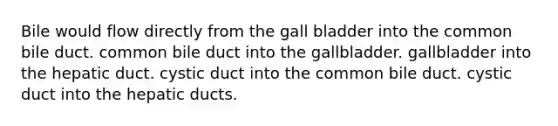 Bile would flow directly from the gall bladder into the common bile duct. common bile duct into the gallbladder. gallbladder into the hepatic duct. cystic duct into the common bile duct. cystic duct into the hepatic ducts.