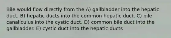 Bile would flow directly from the A) gallbladder into the hepatic duct. B) hepatic ducts into the common hepatic duct. C) bile canaliculus into the cystic duct. D) common bile duct into the gallbladder. E) cystic duct into the hepatic ducts