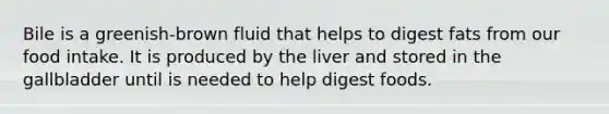 Bile is a greenish-brown fluid that helps to digest fats from our food intake. It is produced by the liver and stored in the gallbladder until is needed to help digest foods.