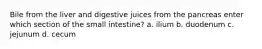 Bile from the liver and digestive juices from the pancreas enter which section of the small intestine? a. ilium b. duodenum c. jejunum d. cecum