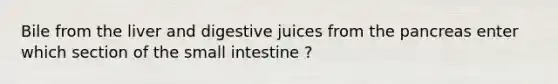 Bile from the liver and digestive juices from the pancreas enter which section of the small intestine ?