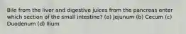 Bile from the liver and digestive juices from the pancreas enter which section of the small intestine? (a) Jejunum (b) Cecum (c) Duodenum (d) Ilium