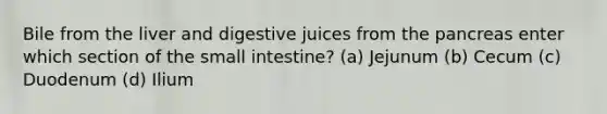 Bile from the liver and digestive juices from <a href='https://www.questionai.com/knowledge/kITHRba4Cd-the-pancreas' class='anchor-knowledge'>the pancreas</a> enter which section of <a href='https://www.questionai.com/knowledge/kt623fh5xn-the-small-intestine' class='anchor-knowledge'>the small intestine</a>? (a) Jejunum (b) Cecum (c) Duodenum (d) Ilium