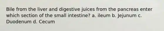 Bile from the liver and digestive juices from the pancreas enter which section of the small intestine? a. ileum b. Jejunum c. Duodenum d. Cecum