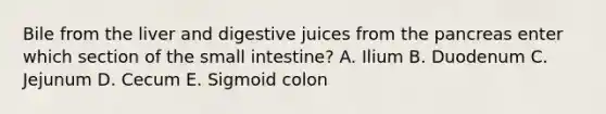 Bile from the liver and digestive juices from the pancreas enter which section of the small intestine? A. Ilium B. Duodenum C. Jejunum D. Cecum E. Sigmoid colon