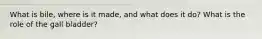 What is bile, where is it made, and what does it do? What is the role of the gall bladder?