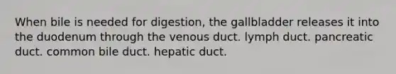 When bile is needed for digestion, the gallbladder releases it into the duodenum through the venous duct. lymph duct. pancreatic duct. common bile duct. hepatic duct.