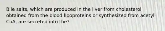 Bile salts, which are produced in the liver from cholesterol obtained from the blood lipoproteins or synthesized from acetyl-CoA, are secreted into the?