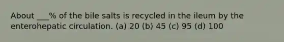 About ___% of the bile salts is recycled in the ileum by the enterohepatic circulation. (a) 20 (b) 45 (c) 95 (d) 100