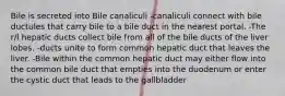 Bile is secreted into Bile canaliculi -canaliculi connect with bile ductules that carry bile to a bile duct in the nearest portal. -The r/l hepatic ducts collect bile from all of the bile ducts of the liver lobes. -ducts unite to form common hepatic duct that leaves the liver. -Bile within the common hepatic duct may either flow into the common bile duct that empties into the duodenum or enter the cystic duct that leads to the gallbladder