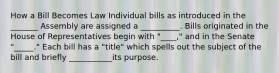 How a Bill Becomes Law Individual bills as introduced in the _______ Assembly are assigned a __________. Bills originated in the House of Representatives begin with "____," and in the Senate "_____." Each bill has a "title" which spells out the subject of the bill and briefly ___________its purpose.