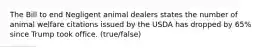 The Bill to end Negligent animal dealers states the number of animal welfare citations issued by the USDA has dropped by 65% since Trump took office. (true/false)