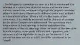 : The bill goes to committee As soon as a bill is introduced, it is referred to a committee. Both the House and Senate have various committees composed of groups of Congress members who are particularly interested in different topics such as health or international affairs. When a bill is in the hands of the committee, it is carefully examined and its chances of passage by the entire Congress are determined. The committee may even choose to hold hearings to better understand the implications of the bill. Hearings allow the views of the executive branch, experts, other public officials and supporters, and opponents of the legislation to be put on the record. If the committee does not act on a bill, the bill is considered to be "dead".