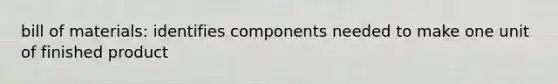 bill of materials: identifies components needed to make one unit of finished product