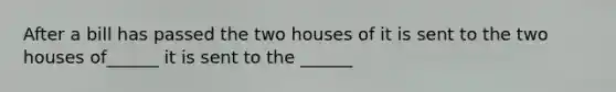 After a bill has passed the two houses of it is sent to the two houses of______ it is sent to the ______