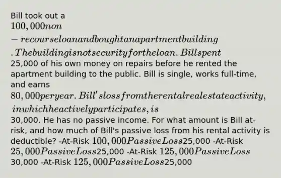 Bill took out a 100,000 non-recourse loan and bought an apartment building. The building is not security for the loan. Bill spent25,000 of his own money on repairs before he rented the apartment building to the public. Bill is single, works full-time, and earns 80,000 per year. Bill's loss from the rental real estate activity, in which he actively participates, is30,000. He has no passive income. For what amount is Bill at-risk, and how much of Bill's passive loss from his rental activity is deductible? -At-Risk 100,000 Passive Loss25,000 -At-Risk 25,000 Passive Loss25,000 -At-Risk 125,000 Passive Loss30,000 -At-Risk 125,000 Passive Loss25,000