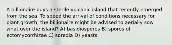 A billionaire buys a sterile volcanic island that recently emerged from the sea. To speed the arrival of conditions necessary for plant growth, the billionaire might be advised to aerially sow what over the island? A) basidiospores B) spores of ectomycorrhizae C) soredia D) yeasts