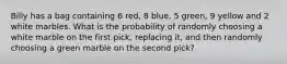 Billy has a bag containing 6 red, 8 blue, 5 green, 9 yellow and 2 white marbles. What is the probability of randomly choosing a white marble on the first pick, replacing it, and then randomly choosing a green marble on the second pick?