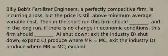 Billy Bob's Fertilizer Engineers, a perfectly competitive firm, is incurring a loss, but the price is still above minimum average variable cost. Then in the short run this firm should ________, and in the long run, if there is no change in economic conditions, this firm should ________. A) shut down; exit the industry B) shut down; expand C) produce where MR = MC; exit the industry D) produce where MR = MC; expand