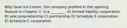 Billy Goat Ice Cream, the company profiled in the opening feature in Chapter 7, is a ________. A) limited liability corporation B) sole proprietorship C) partnership D) Schedule S corporation E) Schedule C corporation