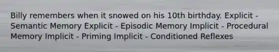 Billy remembers when it snowed on his 10th birthday. Explicit - Semantic Memory Explicit - Episodic Memory Implicit - Procedural Memory Implicit - Priming Implicit - Conditioned Reflexes