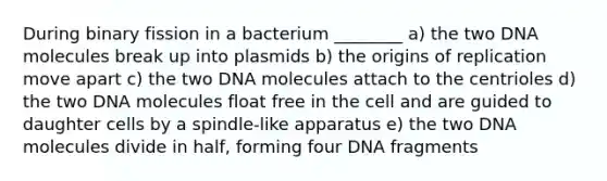 During binary fission in a bacterium ________ a) the two DNA molecules break up into plasmids b) the origins of replication move apart c) the two DNA molecules attach to the centrioles d) the two DNA molecules float free in the cell and are guided to daughter cells by a spindle-like apparatus e) the two DNA molecules divide in half, forming four DNA fragments