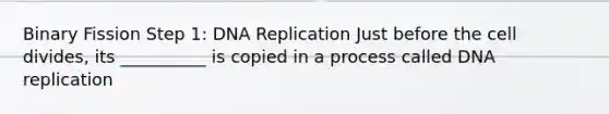 Binary Fission Step 1: <a href='https://www.questionai.com/knowledge/kofV2VQU2J-dna-replication' class='anchor-knowledge'>dna replication</a> Just before the cell divides, its __________ is copied in a process called DNA replication