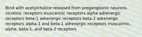 Bind with acetylcholine released from preganglionic neurons. nicotinic receptors muscarinic receptors alpha adrenergic receptors beta-1 adrenergic receptors beta-2 adrenergic receptors alpha-1 and beta-1 adrenergic receptors muscarinic, alpha, beta-1, and beta-2 receptors