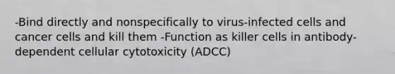 -Bind directly and nonspecifically to virus-infected cells and cancer cells and kill them -Function as killer cells in antibody-dependent cellular cytotoxicity (ADCC)