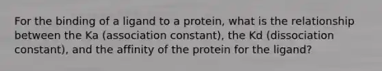 For the binding of a ligand to a protein, what is the relationship between the Ka (association constant), the Kd (dissociation constant), and the affinity of the protein for the ligand?