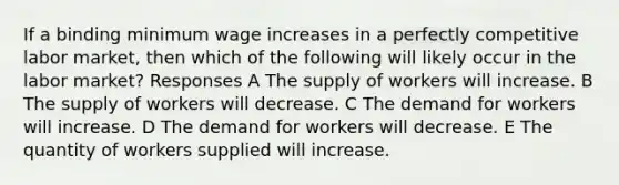 If a binding minimum wage increases in a perfectly competitive labor market, then which of the following will likely occur in the labor market? Responses A The supply of workers will increase. B The supply of workers will decrease. C The demand for workers will increase. D The demand for workers will decrease. E The quantity of workers supplied will increase.