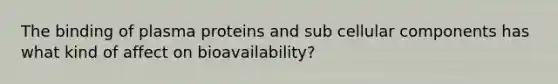 The binding of plasma proteins and sub cellular components has what kind of affect on bioavailability?