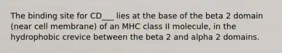 The binding site for CD___ lies at the base of the beta 2 domain (near cell membrane) of an MHC class II molecule, in the hydrophobic crevice between the beta 2 and alpha 2 domains.