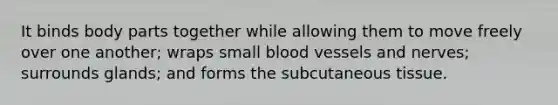 It binds body parts together while allowing them to move freely over one another; wraps small blood vessels and nerves; surrounds glands; and forms the subcutaneous tissue.