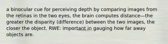 a binocular cue for perceiving depth by comparing images from the retinas in the two eyes, the brain computes distance—the greater the disparity (difference) between the two images, the closer the object. RWE: important in gauging how far away objects are.