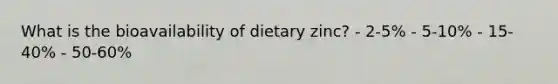 What is the bioavailability of dietary zinc? - 2-5% - 5-10% - 15-40% - 50-60%