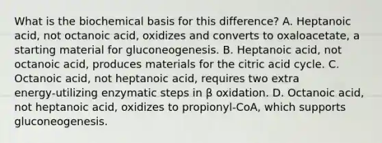 What is the biochemical basis for this difference? A. Heptanoic acid, not octanoic acid, oxidizes and converts to oxaloacetate, a starting material for gluconeogenesis. B. Heptanoic acid, not octanoic acid, produces materials for the citric acid cycle. C. Octanoic acid, not heptanoic acid, requires two extra energy‑utilizing enzymatic steps in β oxidation. D. Octanoic acid, not heptanoic acid, oxidizes to propionyl‑CoA, which supports gluconeogenesis.