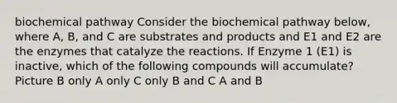 biochemical pathway Consider the biochemical pathway below, where A, B, and C are substrates and products and E1 and E2 are the enzymes that catalyze the reactions. If Enzyme 1 (E1) is inactive, which of the following compounds will accumulate? Picture B only A only C only B and C A and B