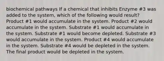 biochemical pathways If a chemical that inhibits Enzyme #3 was added to the system, which of the following would result? Product #1 would accumulate in the system. Product #2 would accumulate in the system. Substrate #1 would accumulate in the system. Substrate #1 would become depleted. Substrate #3 would accumulate in the system. Product #4 would accumulate in the system. Substrate #4 would be depleted in the system. The final product would be depleted in the system.